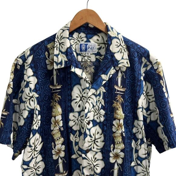 VINTAGE RJC Made In Hawaii Floral Blue White Men's Buttoned Shirt Size Men's XL - Picture 3 of 8